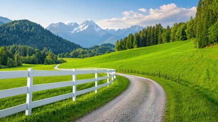 Fototapeta premium Serene Scenic Landscape with Mountain View and Green Pastures