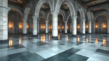 Obraz premium Grand, elegant hall with high ceilings, arched entryways, and marble floors. Light reflects off the polished surface.