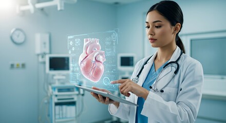Woman doctor analyzing 3D heart hologram in futuristic hospital. Advanced medical technology for cardiology diagnostics and treatment in digital healthcare