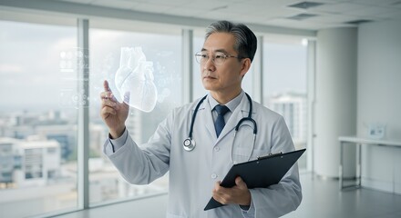 Doctor examining holographic brain scan in futuristic medical office. Virtual reality in healthcare. Advanced medical technology for neurological diagnosis and treatment