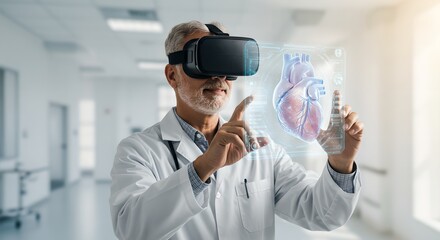 Futuristic medicine: Male doctor using virtual reality headset to examine 3D hologram of human heart in modern hospital. Innovative medical technology concept