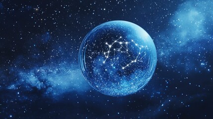 Obraz premium Celestial Gemini Symbol: Ethereal Representation of Zodiac Constellation Within a Glass Sphere Against a Starry Night Sky