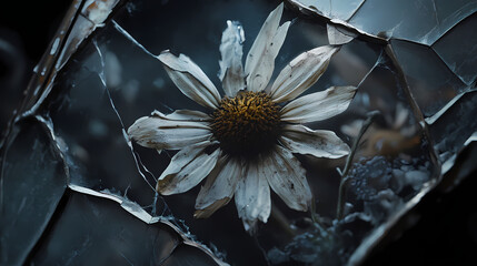 A broken mirror reflects a shattered flower, surrounded by darkness, symbolizing the refusal to accept harsh realities and the fragmentation of one's own identity. Shattered Realities. Illustration