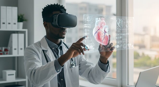 African american doctor using virtual reality headset to examine 3D heart model. Future of medical education and telemedicine in digital healthcare