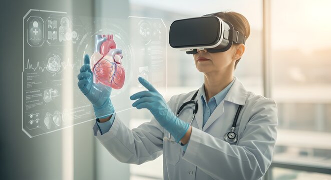 Doctor using virtual reality headset to examine 3D heart model. Futuristic medical training and diagnosis. VR in healthcare education and treatment planning.