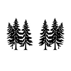 Pine tree silhouettes, black and white, forest graphic with coniferous trees.