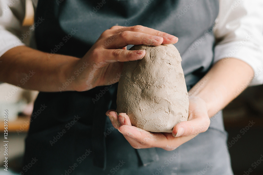 Poster potter holds a piece of wet clay in their hands, molds it into form. process of creating ceramic pro