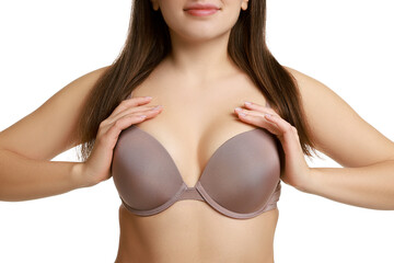 Woman wearing beautiful bra on white background, closeup