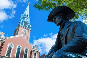 Historic Old North Church with Paul Revere Statue: A Blue Sky Backdrop of Boston's Architectural Charm