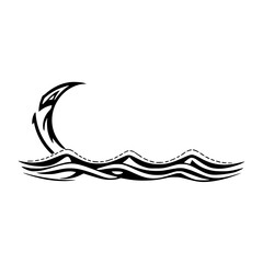Crescent Moon and Waves Illustration, Black and White Graphic on White Background.