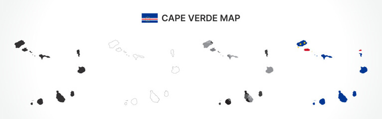Detailed Cape Verde Map Collection with Outline, Silhouette, Islands, and Flag Overlay Variations