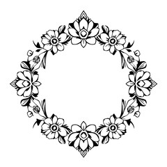 Oval floral frame in black and white; composed of stylized flowers and leaves.