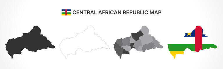 Fototapeta premium Detailed Central African Republic Map Collection with Outline, Silhouette, Prefectures, and Flag Overlay Variations
