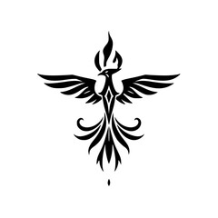 Black Phoenix Rising from Ashes.  A bold, black and white silhouette of a phoenix with spread wings and flames.