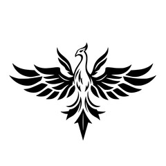 [Black, white image of a phoenix rising, the stylized phoenix rising image on a plain white background.]