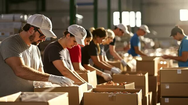 Volunteers Packing Food Boxes at Community Food Bank