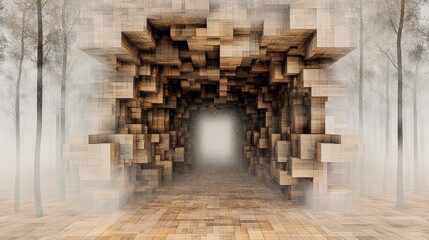Mysterious wooden tunnel leading into a foggy forest. Abstract architecture blends seamlessly with nature.