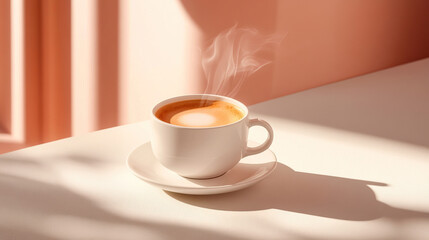 Obraz premium Steaming cup of coffee on a white saucer, placed on a light beige table