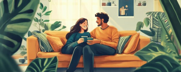 Naklejka premium Young hispanic couple relaxing on couch in cozy plant-filled living room