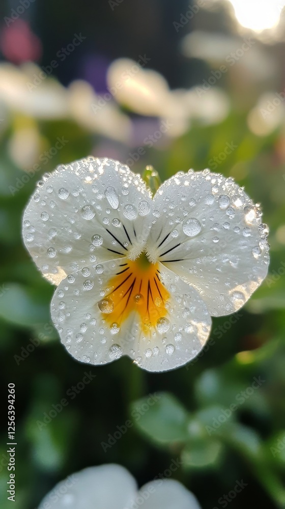 Sticker Close-up view of a delicate white flower with dew drops glistening in morning light