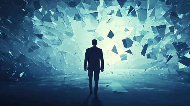 Businessman in despair, shattered glass window, stark message of bankruptcy, a powerful visual of financial struggle and loss. Shattered Realities. Illustration