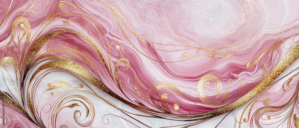 Poster abstract swirling pink and gold marble texture with elegant flowing patterns and smooth gradients