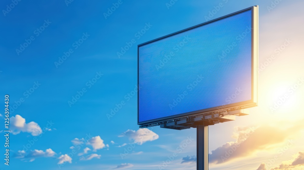 Poster empty billboard displaying blue screen against clear sky background