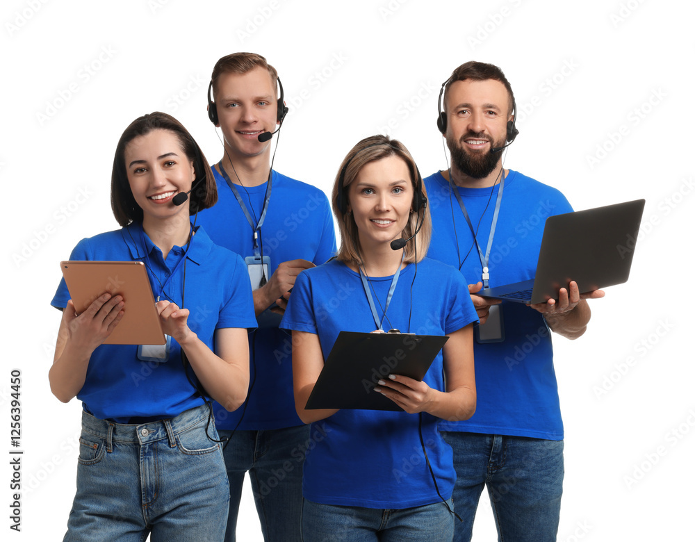 Poster technical support call center. team of friendly operators on white background