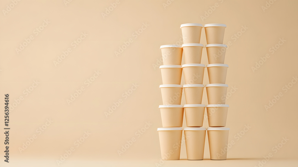 Poster stack of disposable containers on a light beige background. minimalist composition with clean lines 