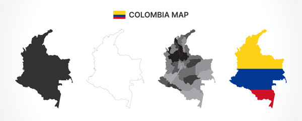 Detailed Colombia Map Collection with Outline, Silhouette, Departments, and Flag Overlay Variations