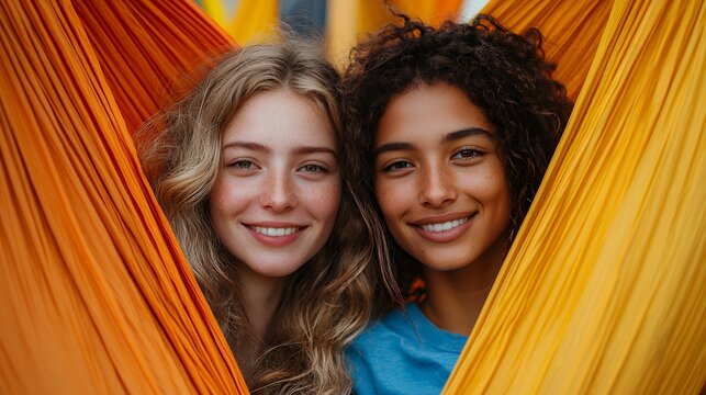 Smiling Women Relaxing in Hammock Enjoying Summer Vacation Together