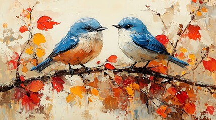 Painting of two birds, sitting on a branch with red and yellow leaves.
