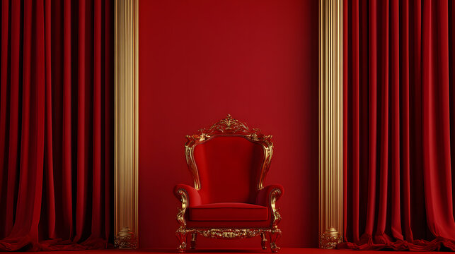 Regal Red Throne: A Luxurious Scene of Elegance and Power. Red velvet chair. Golden accents. Red drapes.  Majestic setting. Richness and opulence. 	