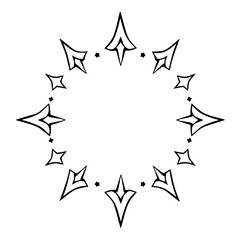 Ornamental Starburst Ring: Minimalist black and white illustration of a circle of arrows and tiny stars with empty center.