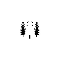 Obraz premium Minimalist landscape of two silhouetted fir trees against a white background with birds.