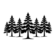 Black and White Silhouettes of Evergreen Forest, Illustration.