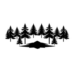Obraz premium Silhouette of a Forest & Flying Saucer; Black & White Minimalist Illustration. Mysterious encounter.