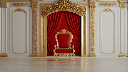 Opulent throne room with gold accents and a red velvet throne set against a red curtain backdrop, exuding royalty and luxury. Refined regal interior.