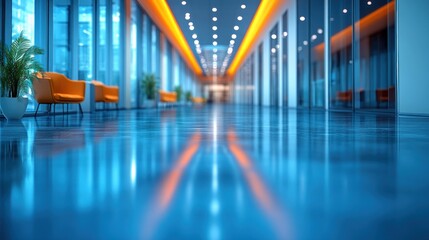 Fototapeta premium Modern office hallway with orange lighting and reflections on polished floor, featuring seating areas