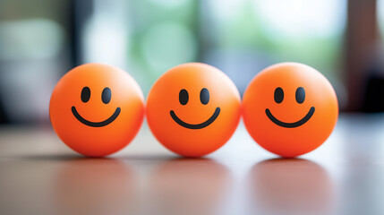 Three bright orange smiling face stress balls aligned on a wooden surface with a blurred background symbolizing happiness, positivity, relaxation, emotional wellness, and mental health support