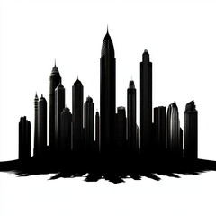 Obraz premium Silhouette of a modern city skyline with various skyscrapers against a white background.