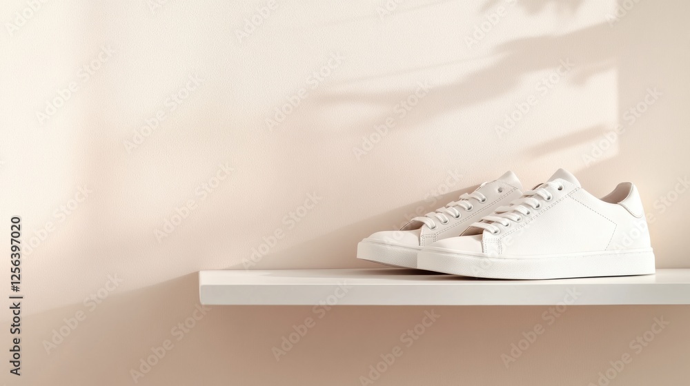Poster Stylish sneakers on minimalist shoe shelf in bright room with simple decor and ample empty space for customization. Generative AI