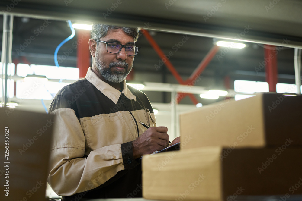 Aufkleber mature multiethnic factory worker taking notes while looking at sticker on packed cardboard box duri