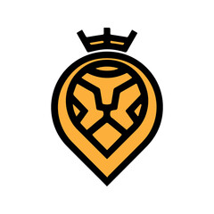 The geometric lion emblem illustration features a bold black and orange design with a crown ornament © huecraftco.