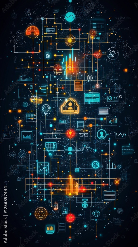 Poster an abstract representation of data flow featuring colorful graphic elements, icons, and symbols that