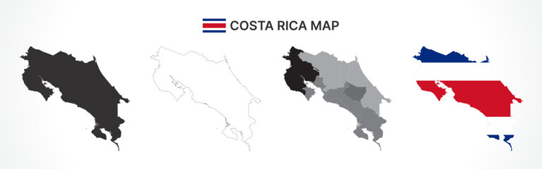 Detailed Costa Rica Map Collection with Outline, Silhouette, Provinces, and Flag Overlay Variations