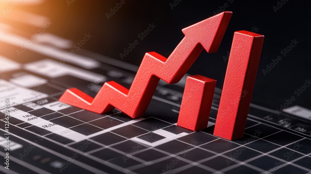 Poster red graph arrow and bars showing growth on dark background