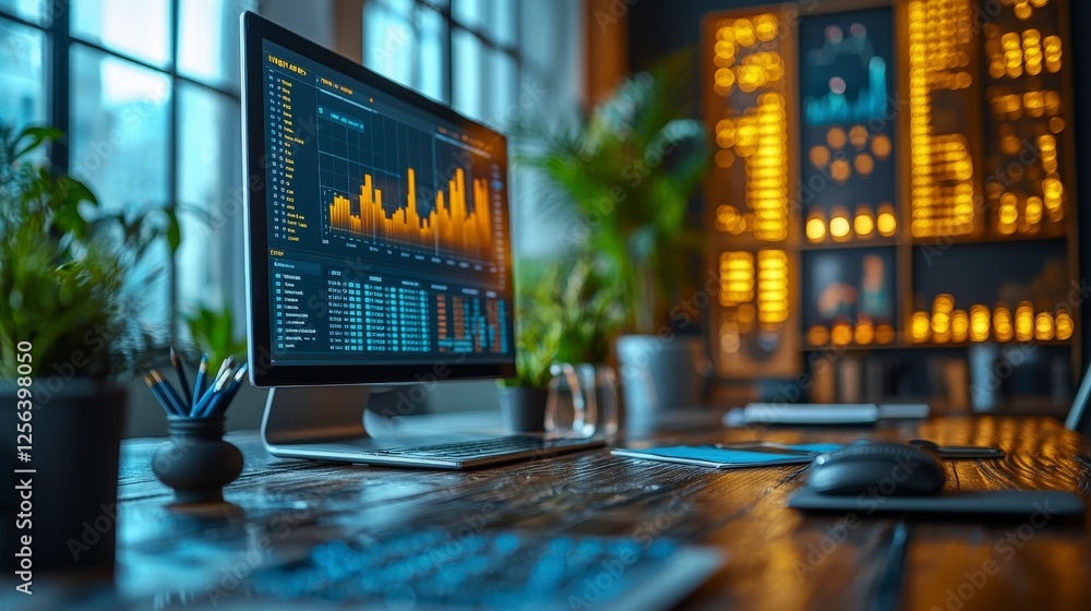 Poster A computer setup displaying vibrant graphs and data analytics, representing advanced technologies in a dynamic office space suitable for decision-making.