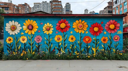 Colorful Flower Mural on Urban Building Wall with Floral Foreground