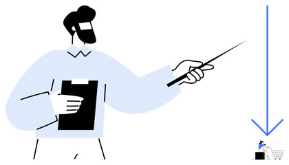 Man with a clipboard, pointing stick at shopping cart under an arrow. Ideal for presentations, business strategy, management, sales, marketing, growth strategy efficiency improvement. Abstract line
